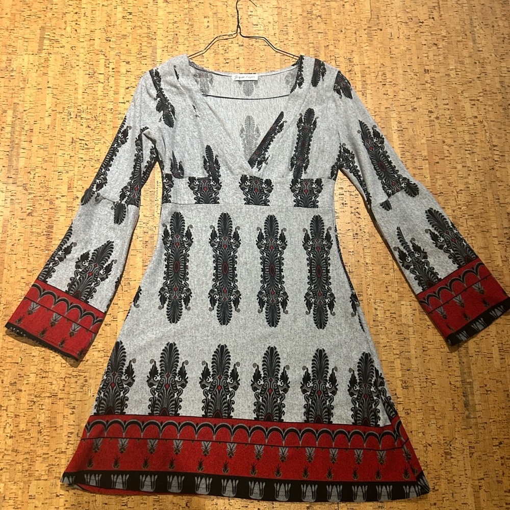 Grey and red light knit dress with beautiful bell long sleeves